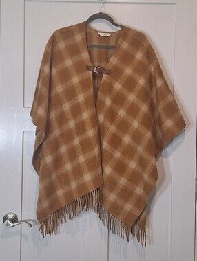Denim & Co Heritage Wool Blend Plaid Poncho Fringe Hem Camel Butterscotch M/L